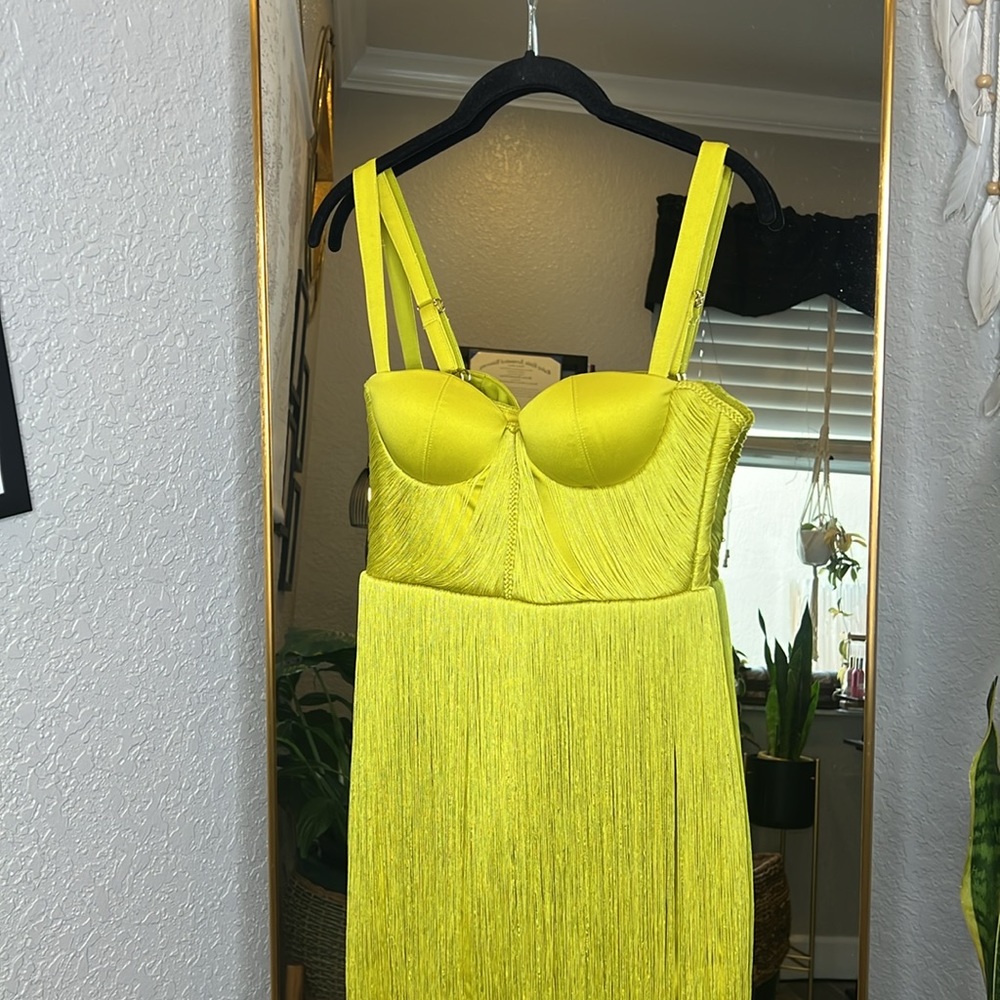 HOUSE OF CB 'Emee' Acid Yellow Satin Fringe Dress - Picture 13 of 17